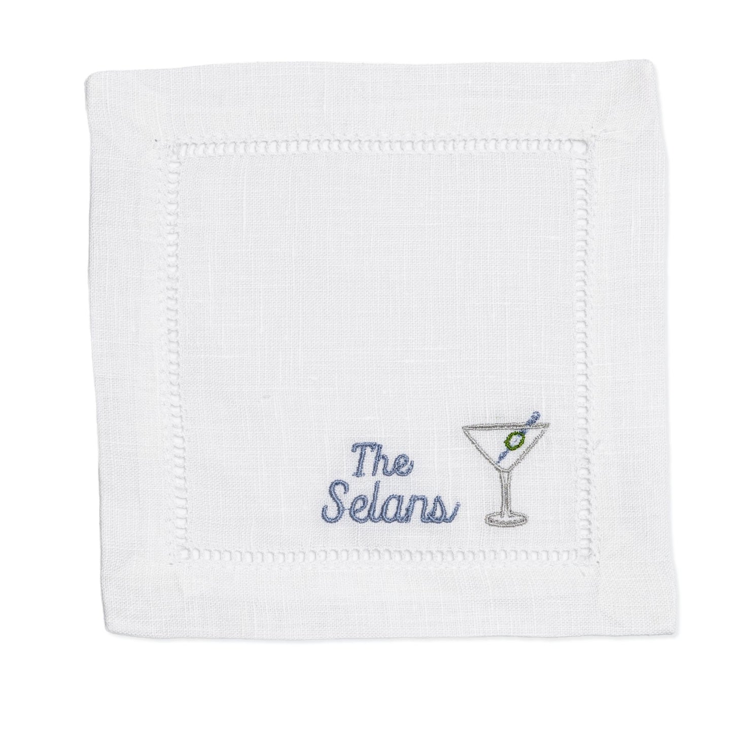 Embroidered Cocktail Napkins with Martini Glass and Personalized Minimalist Script Name