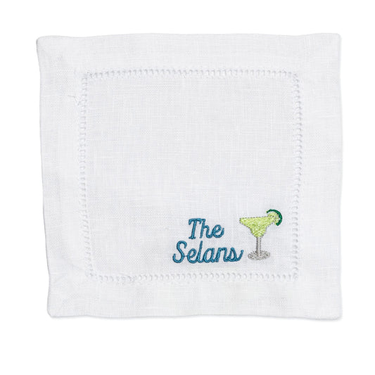 Embroidered Cocktail Napkins with Margarita Glass with Personalized Minimalist Script Name