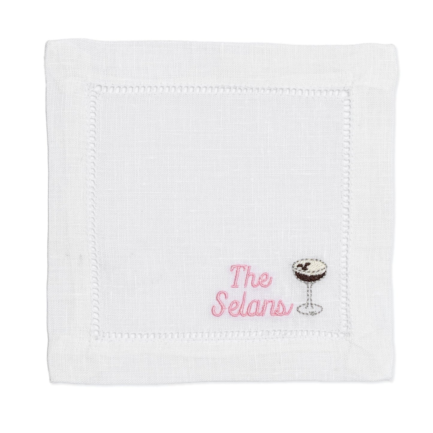 Embroidered Cocktail Napkins with Espresso Martini Glass with Personalized Minimalist Script Name