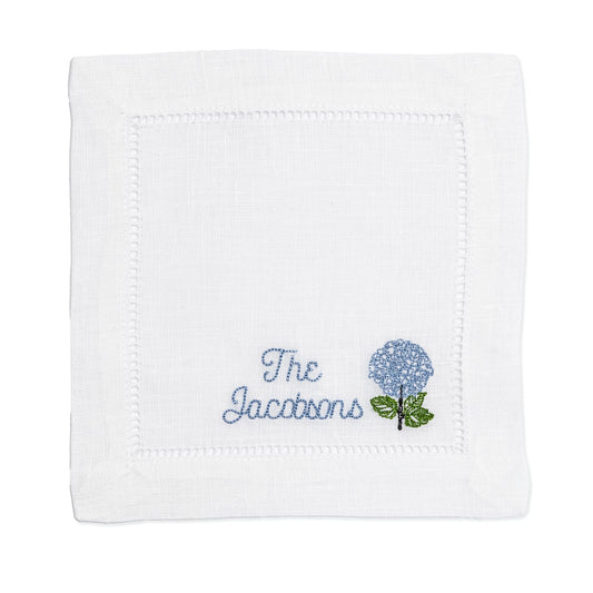 Embroidered Cocktail Napkins with Hydrangea and Personalized Minimalist Custom Name Set