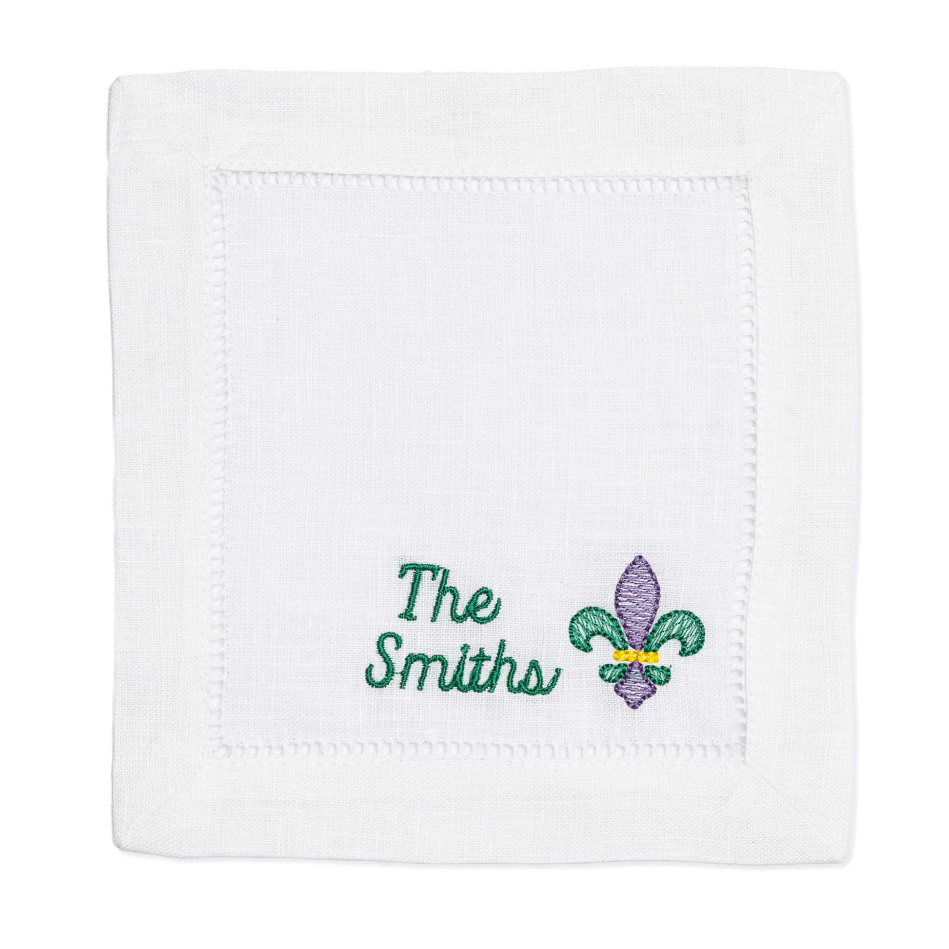 Embroidered Mardi Gras Linen Napkins with Fleur de Lis with Minimalist Script Name Set of 4 Birthday Gift