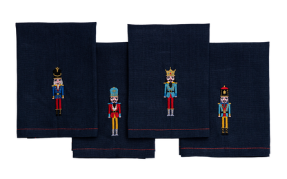 Embroidered Christmas Nutcracker Table Serviettes Set of 4 in Navy Blue Holiday Gift