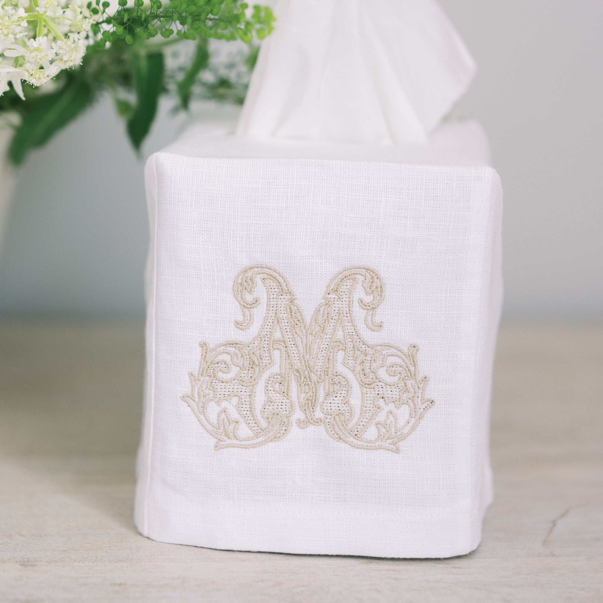 Embroidered Tissue Box Cover with Single Letter Vine Monogram – Threads ...