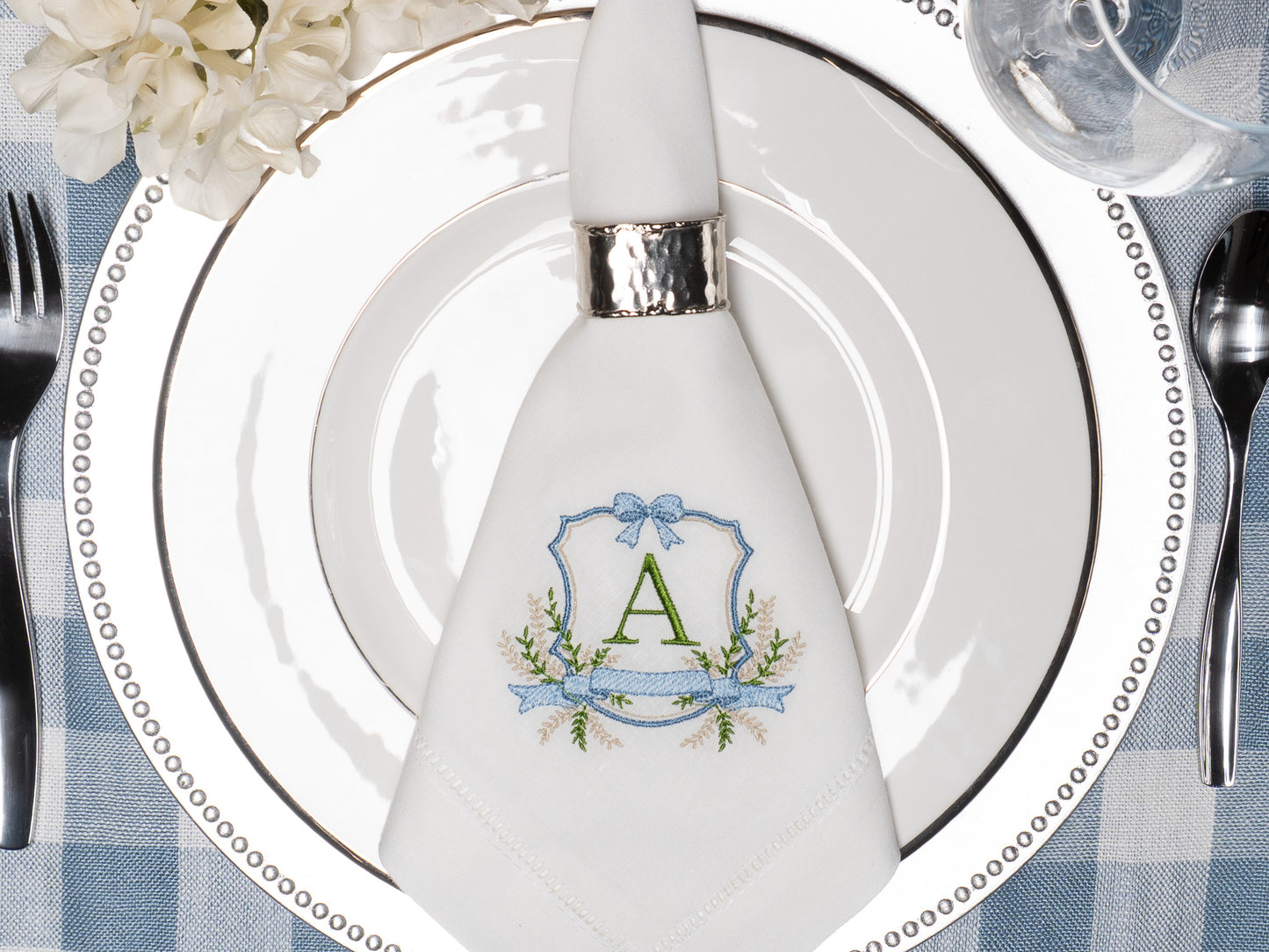 Embroidered Bow Crest Monogrammed Dinner Napkin