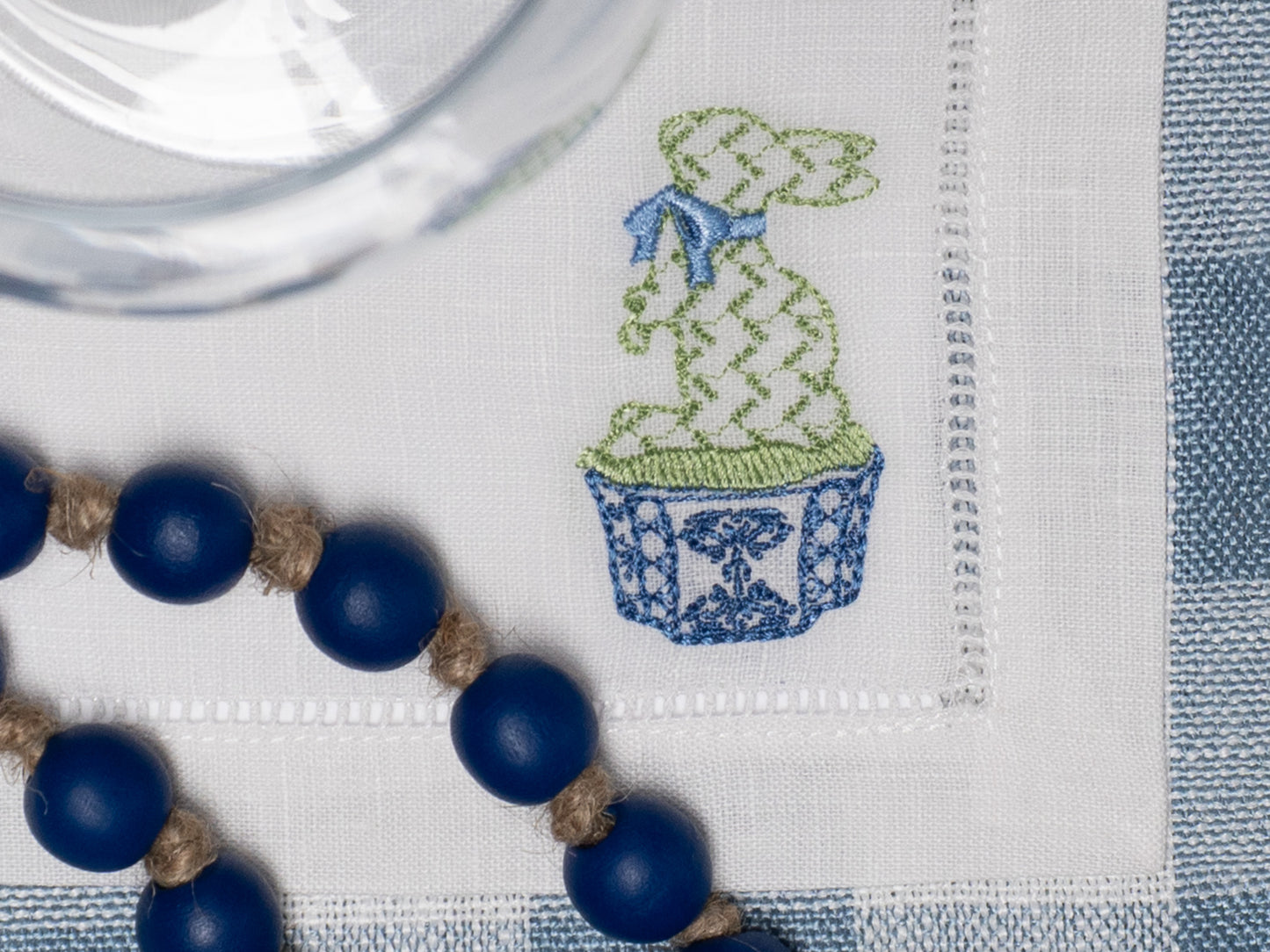 Embroidered Chinoiserie Rabbit Monogrammed Cocktail Napkin