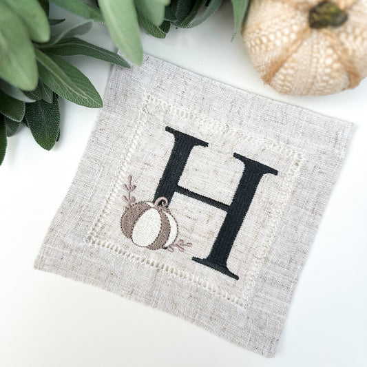 Embroidered Cocktail Napkins with Pumpkin and Single Letter Monogram