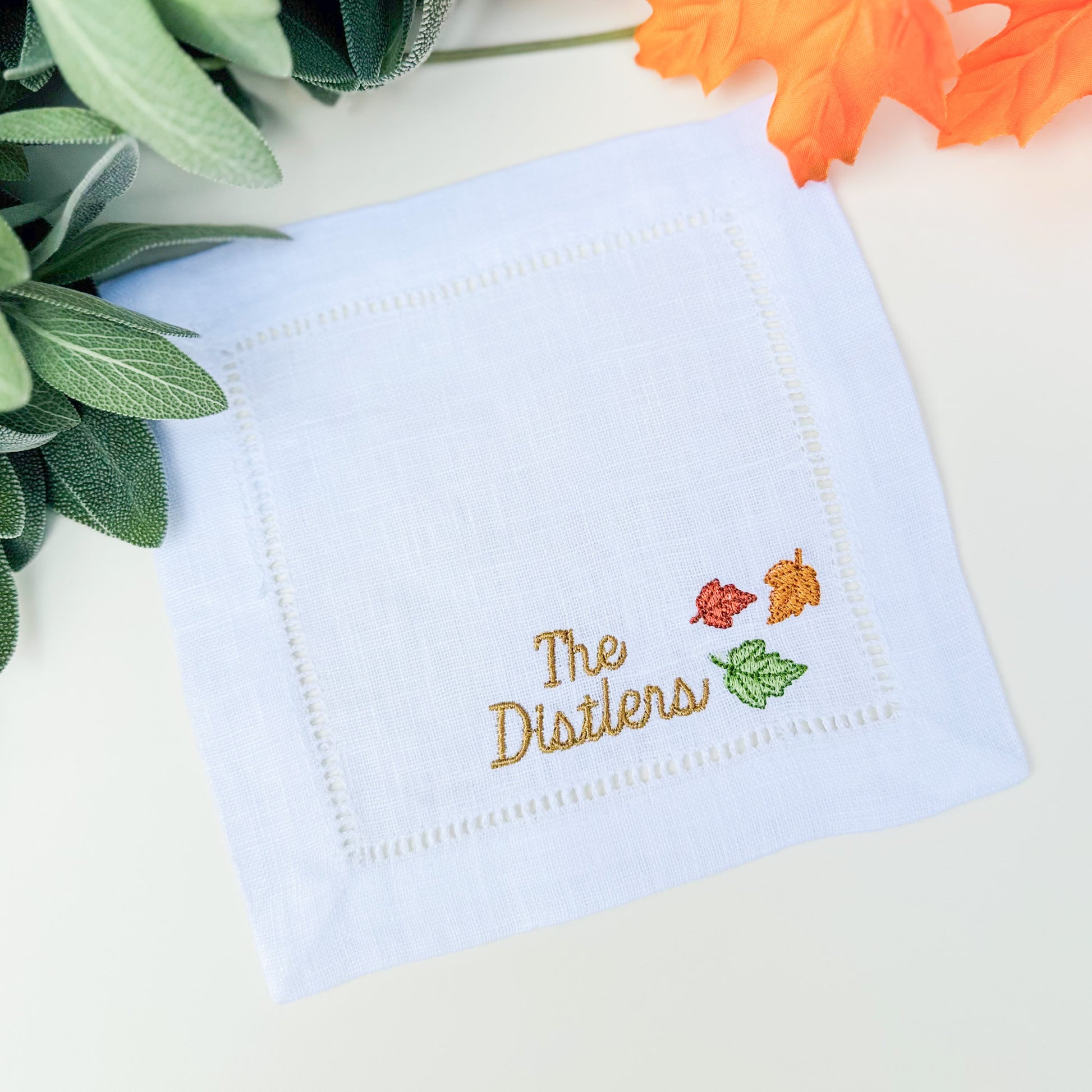 Embroidered Cocktail Napkins with Fall Leaves and Minimalist Custom Name Set White