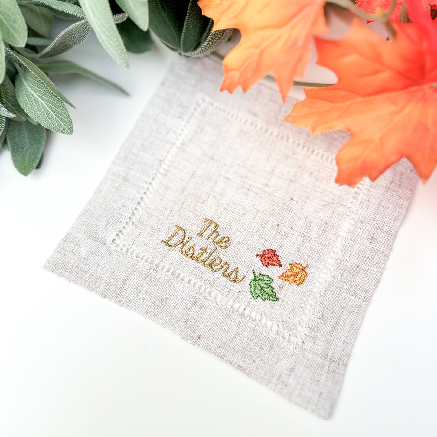 Embroidered Cocktail Napkins with Fall Leaves and Minimalist Custom Name Set Oatmeal