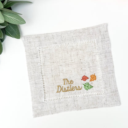 Embroidered Napkins with Fall Leaves and Minimalist Custom Name Set Oatmeal