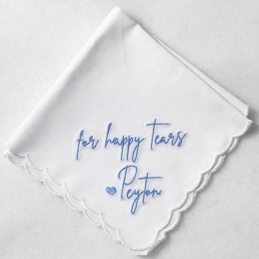 "For Happy Tears" Custom Embroidered Wedding Handkerchiefs for Bride or Mother of the Bride