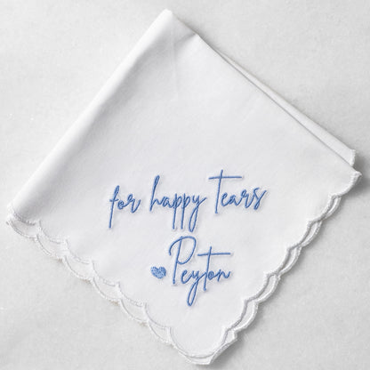 "For Happy Tears" Custom Embroidered Wedding Handkerchiefs for Bride or Mother of the Bride