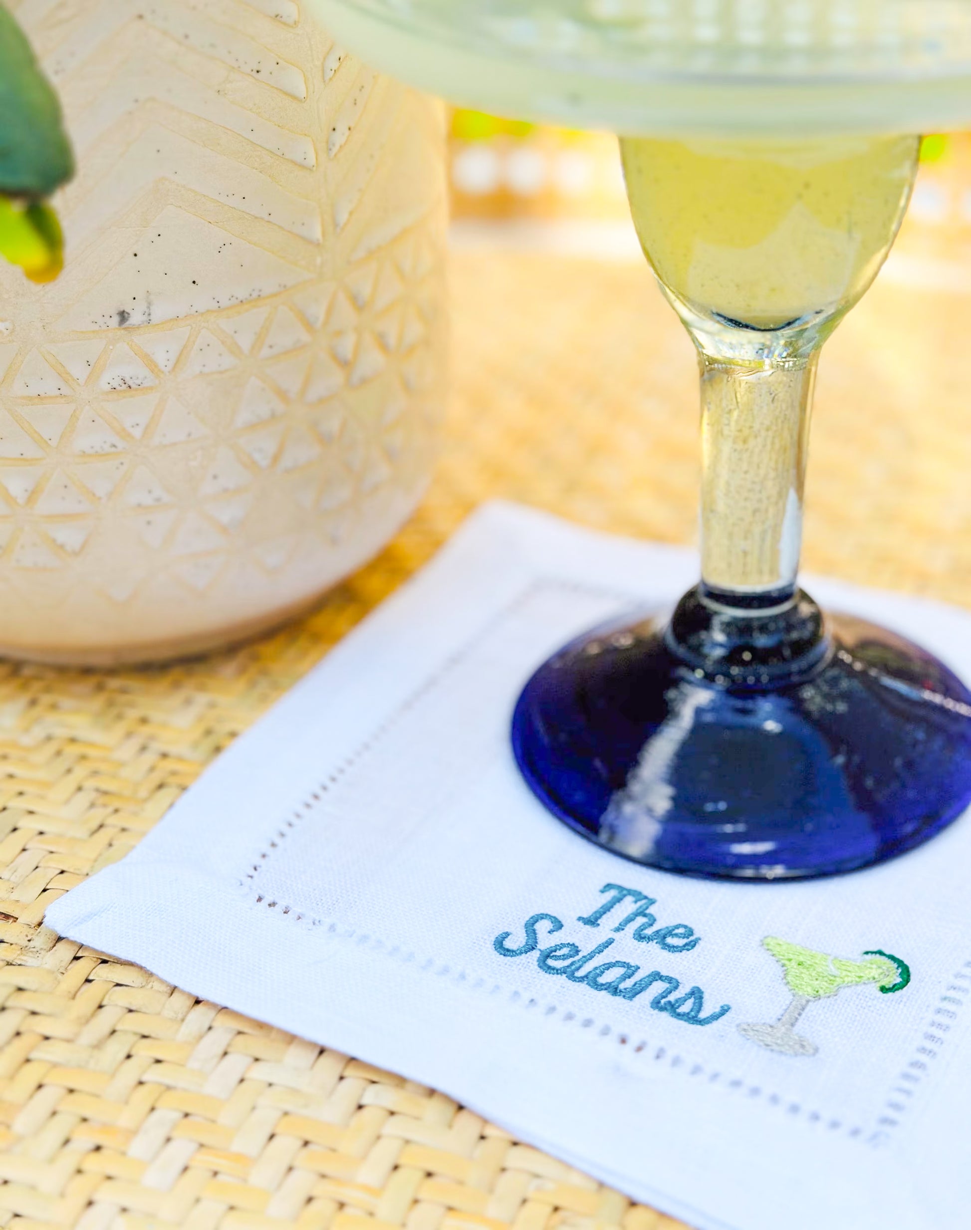 Embroidered Linen Napkins with Margarita Glass with Personalized Minimalist Script Name