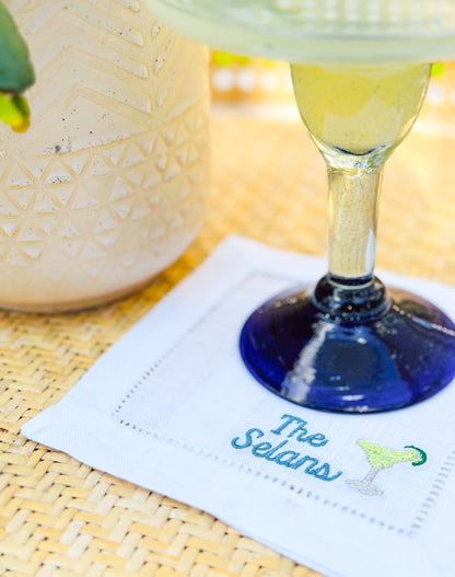 Embroidered Linen Napkins with Margarita Glass with Personalized Minimalist Script Name