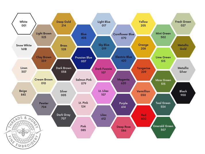 A hexagonal color chart showcases shades like White 001 and Deep Gold 415 for the Embroidered Chinoiserie Tree Dinner Napkin. The bottom left corner features the circular Threads & Honey Fine Embroidery logo, suggesting personalized embroidery on a linen-cotton blend.