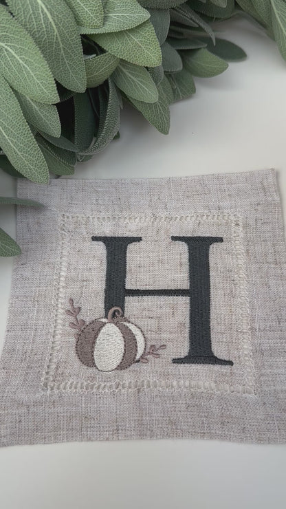 Embroidered Cocktail Napkins with Pumpkin and Single Letter Monogram