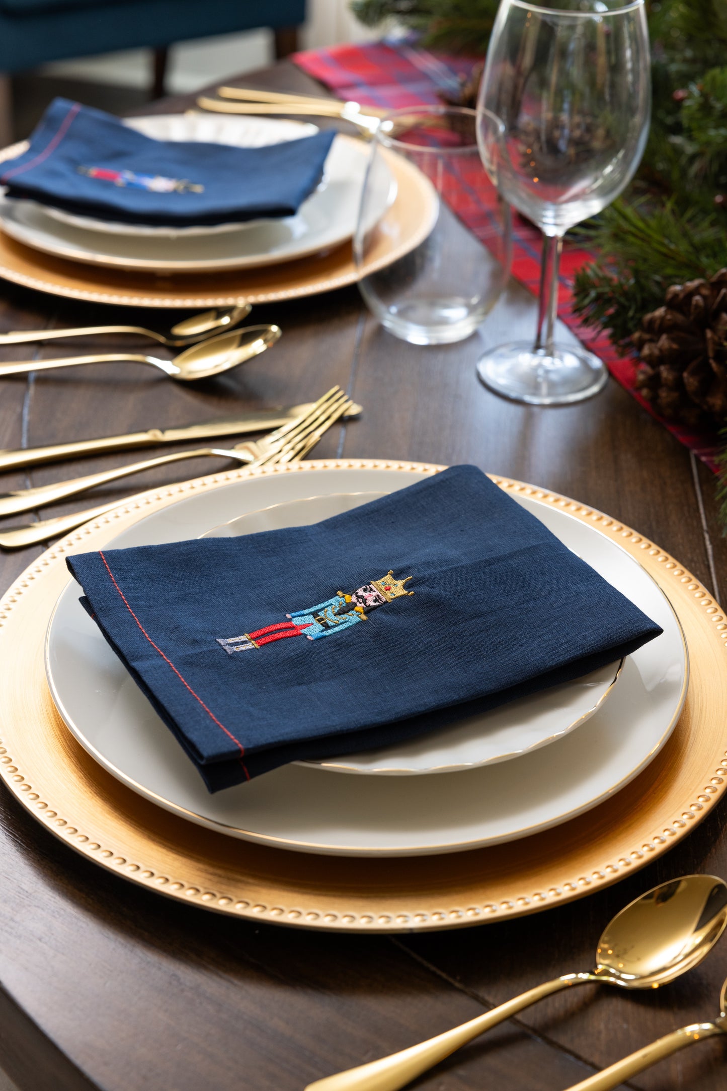 Embroidered Christmas Nutcracker Table Linens Set of 4 in Navy Blue Anniversary Gift