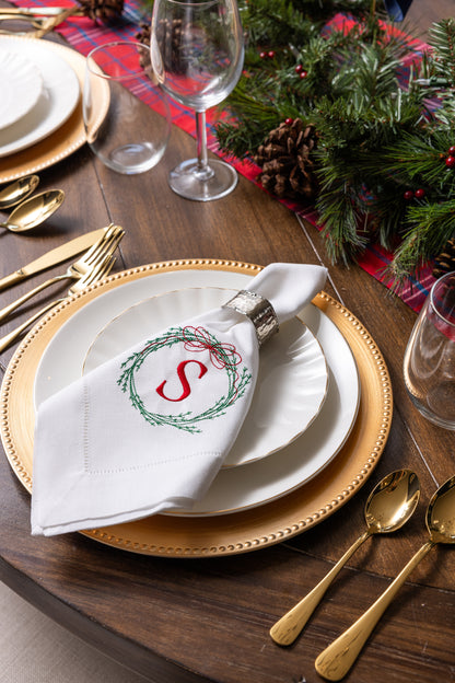 Christmas Embroidered Napkins Napkins Thin Bow Wreath and Personalized Single Letter Monogram