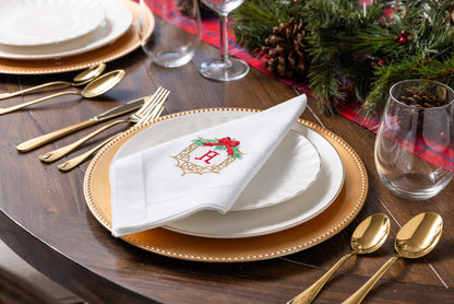 Embroidered Christmas Fabric Napkins with Chinoiserie Frame and Personalized Single Letter Monogram