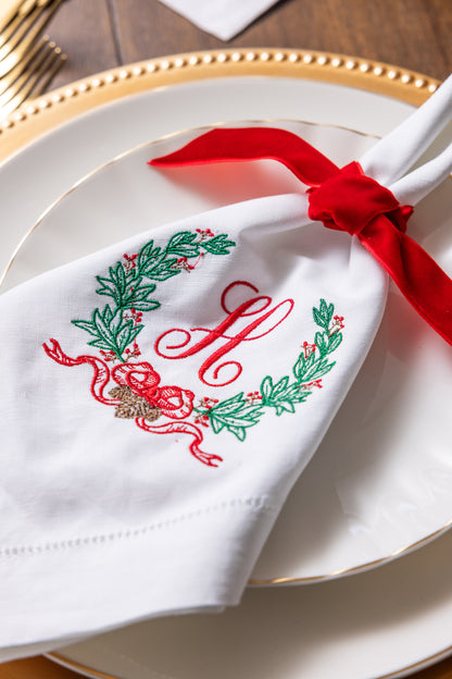 Embroidered Christmas Fabric Napkins with Pinecone Wreath and Personalized Single Letter Monogram Set