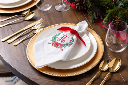 Embroidered Christmas Cloth Place Settings with Pinecone Wreath and Personalized Single Letter Monogram Set