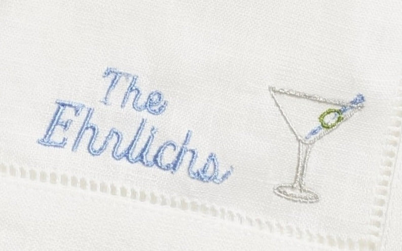 Embroidered Cocktail Napkins with Martini Glass with Personalized Minimalist Script Name