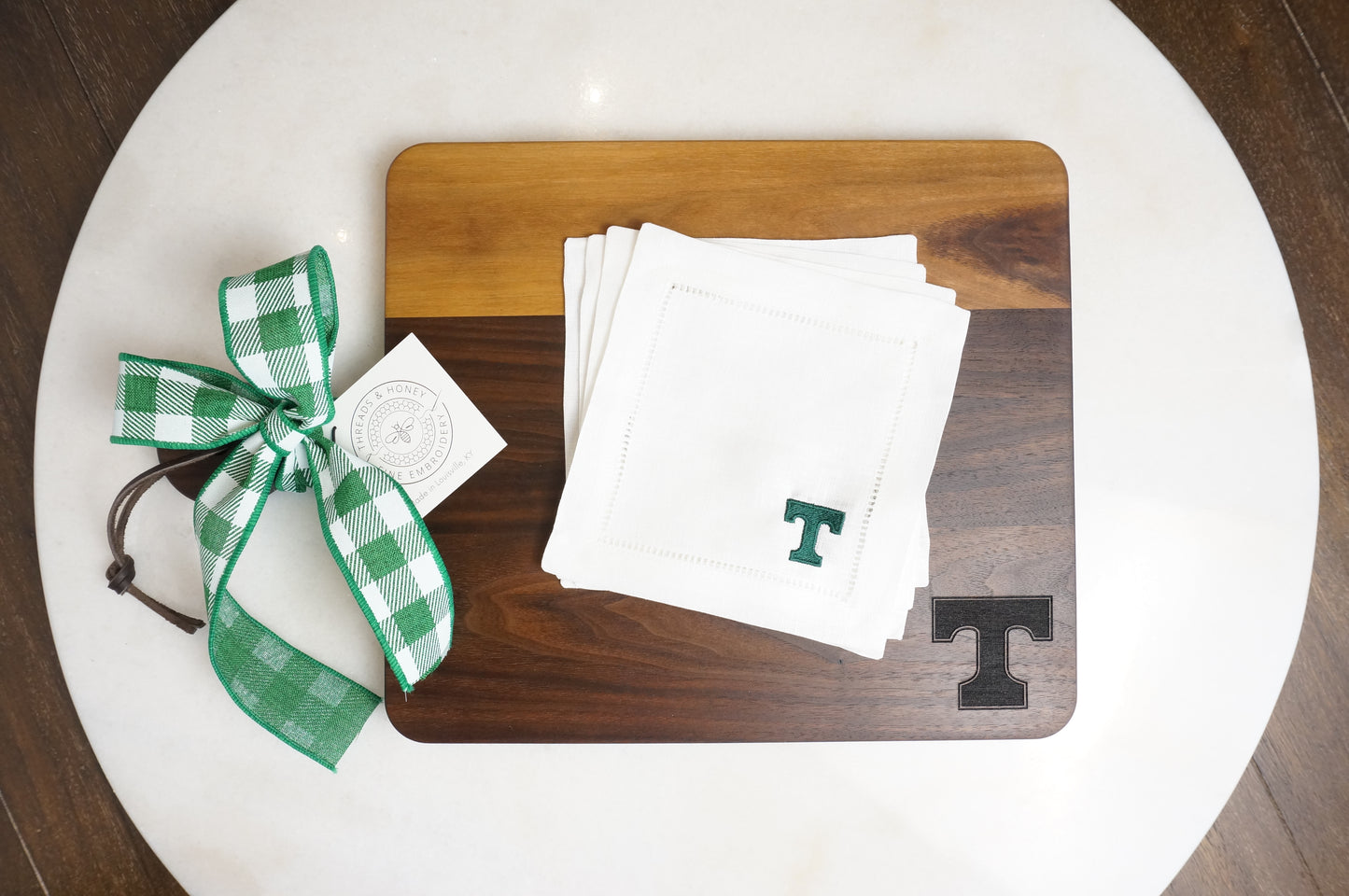 Trinity with Custom Cutting Board, Towel & Linen Cocktail Napkin Gift Set