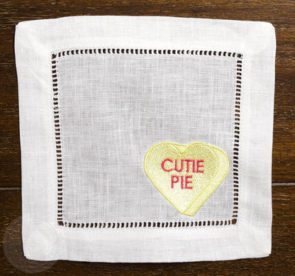 Embroidered Conversation Hearts Valentine's Day Cocktail Napkins