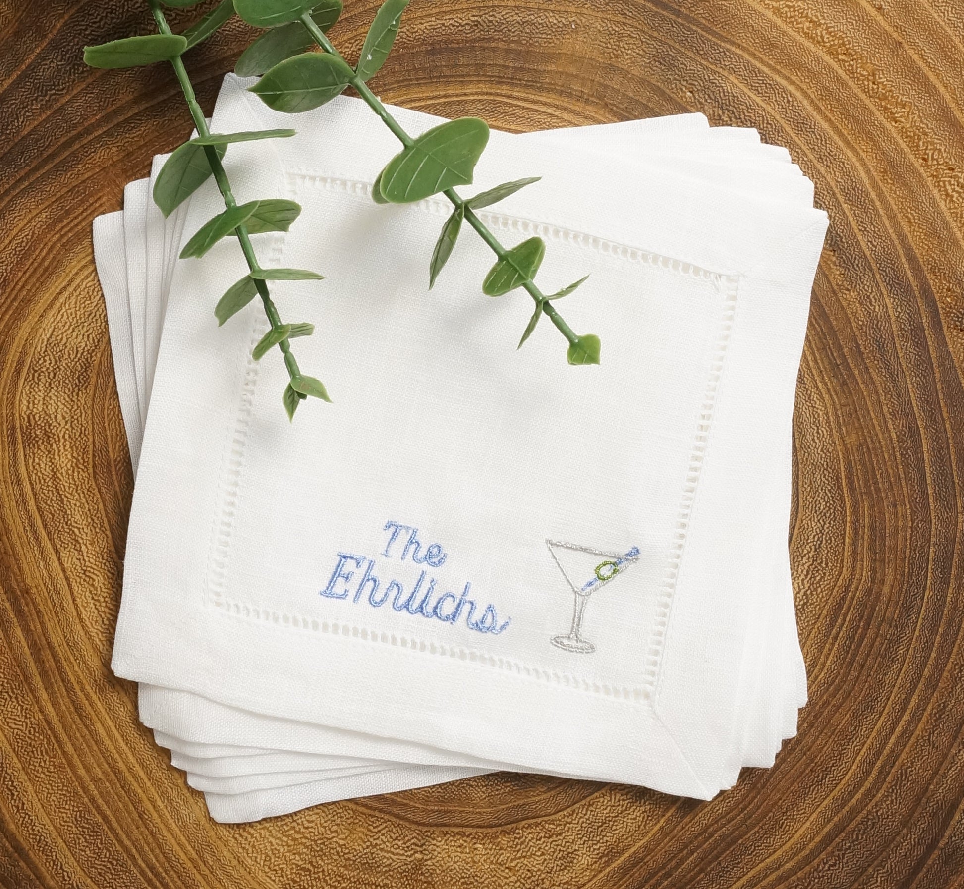 Embroidered Cocktail Napkins with Martini Glass with Personalized Minimalist Script Name