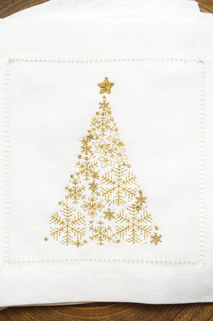 Embroidered Cocktail Napkins with Snowflake Christmas Tree