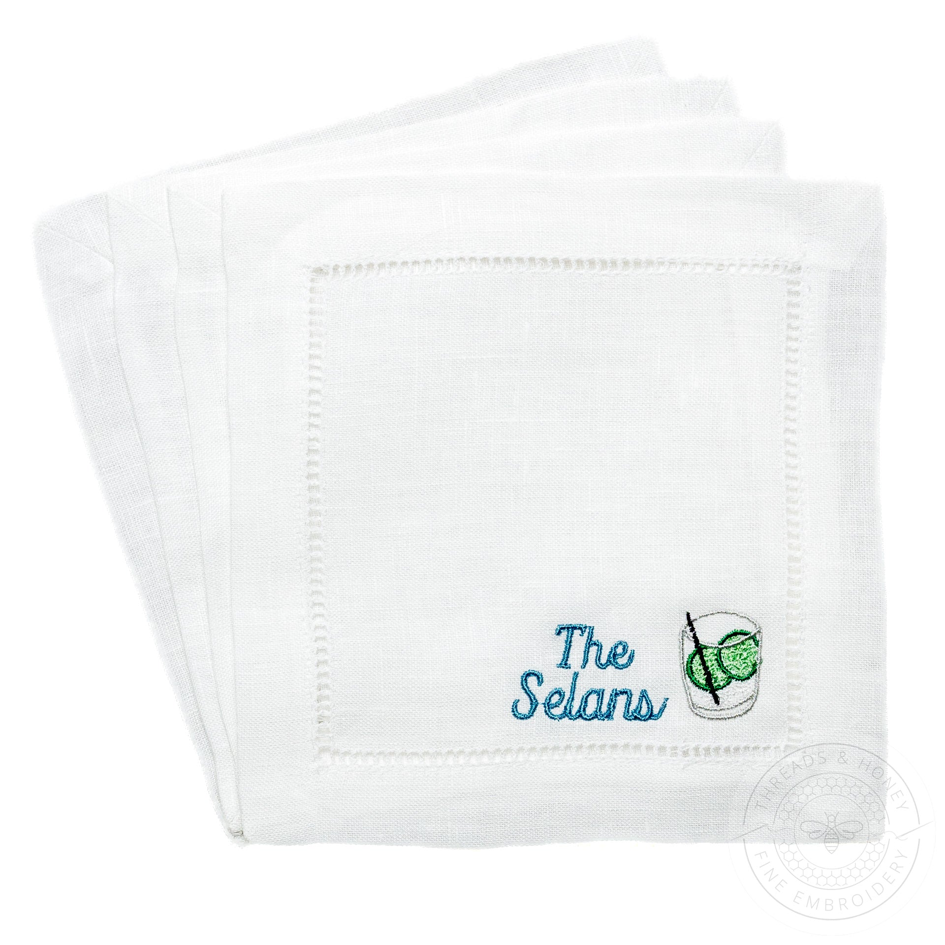 Embroidered Cocktail Napkins with Gin & Tonic with Minimalist Script Name
