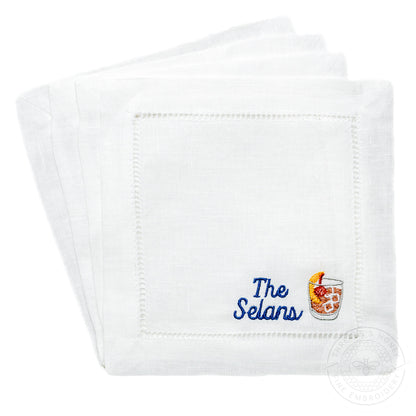 Embroidered Cocktail Napkins with Bourbon Whisky Old Fashioned with Minimalist Script Name