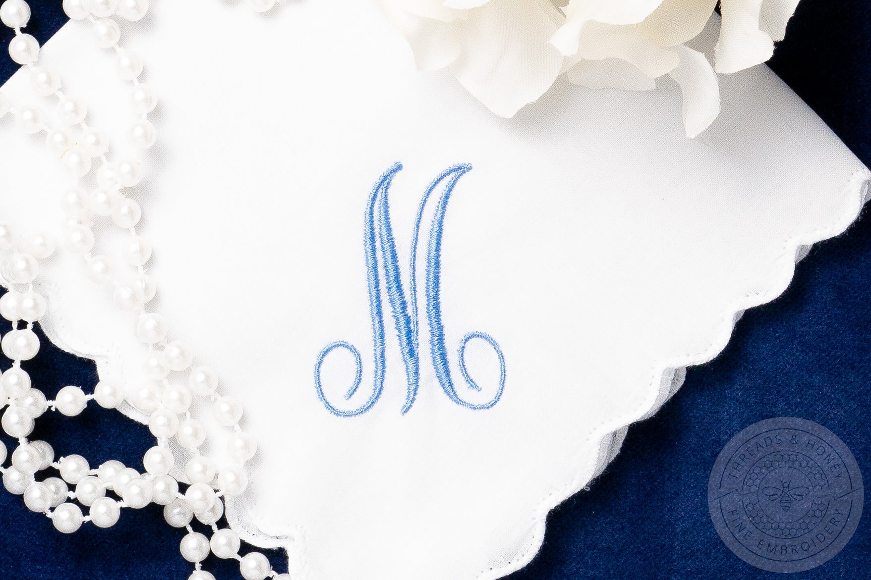 Ladies Embroidered Handkerchief with Single Initial Monogram Calligraphy Style