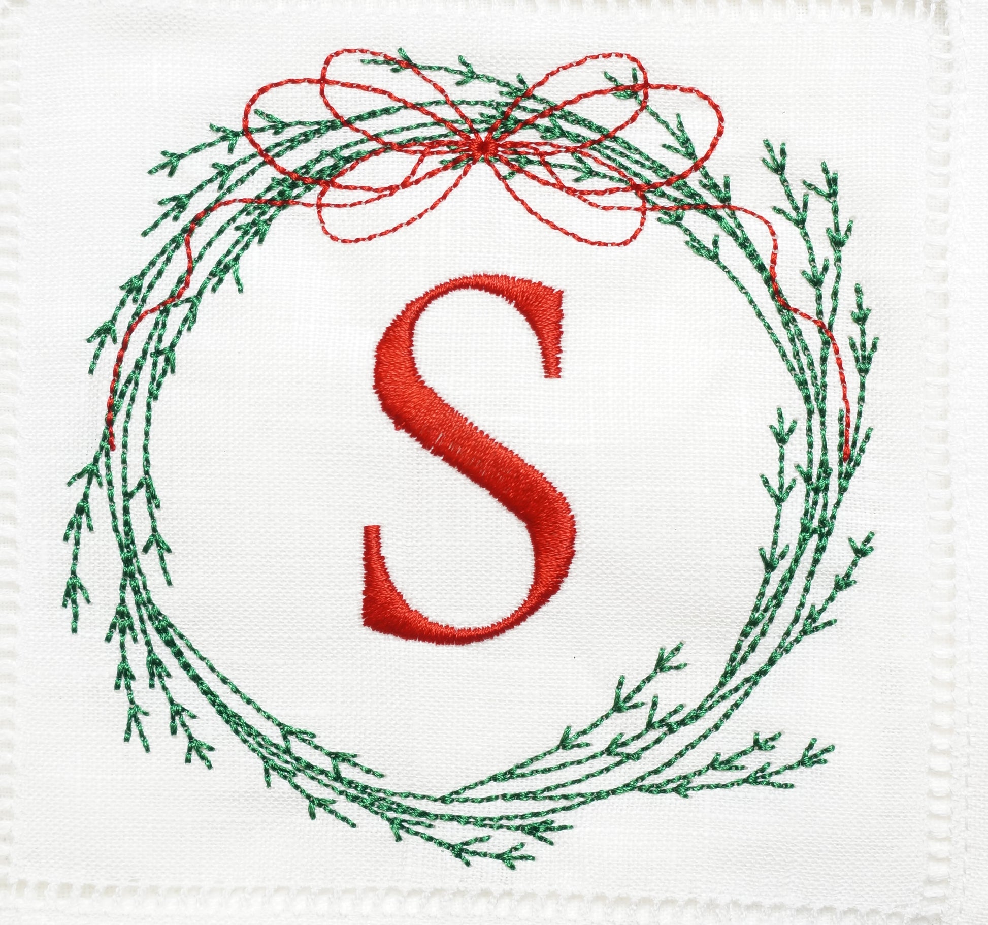 Christmas Embroidered Linen Cocktail Napkins with Custom Wreath Monogram | Christmas Gift and Holiday Decor