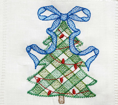 Embroidered Cocktail Napkins with Cute Christmas Tree