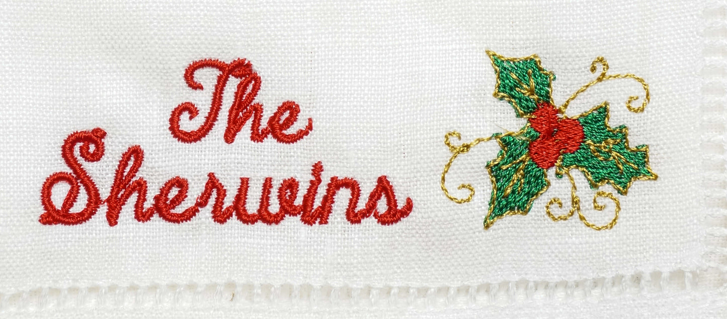 Christmas Embroidered Cocktail Napkins with Minimalist Script Name and Mistletoe
