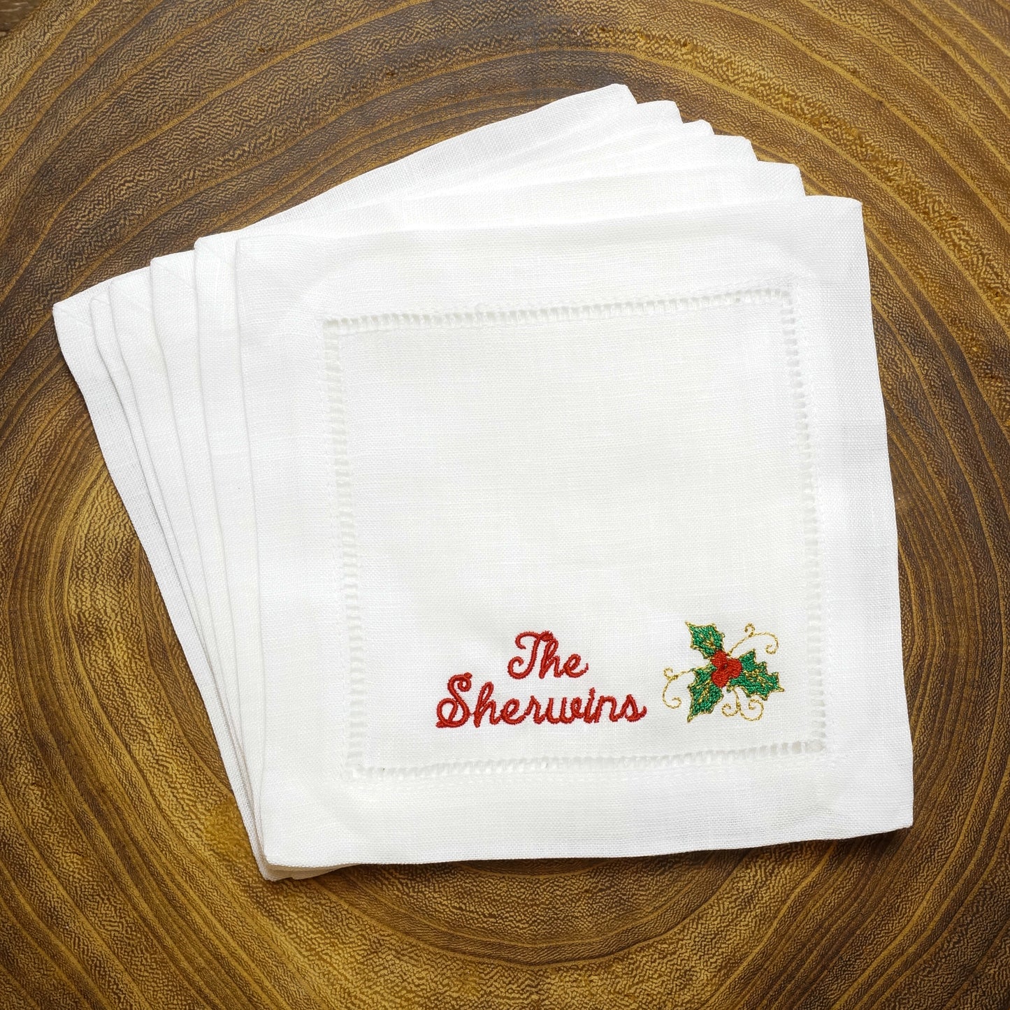 Christmas Embroidered Cocktail Napkins with Minimalist Script Name and Mistletoe