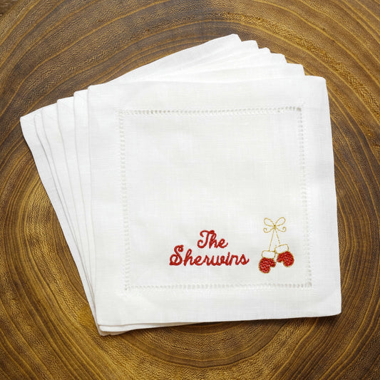 Christmas Embroidered Cocktail Napkins with Minimalist Script Name and Mittens