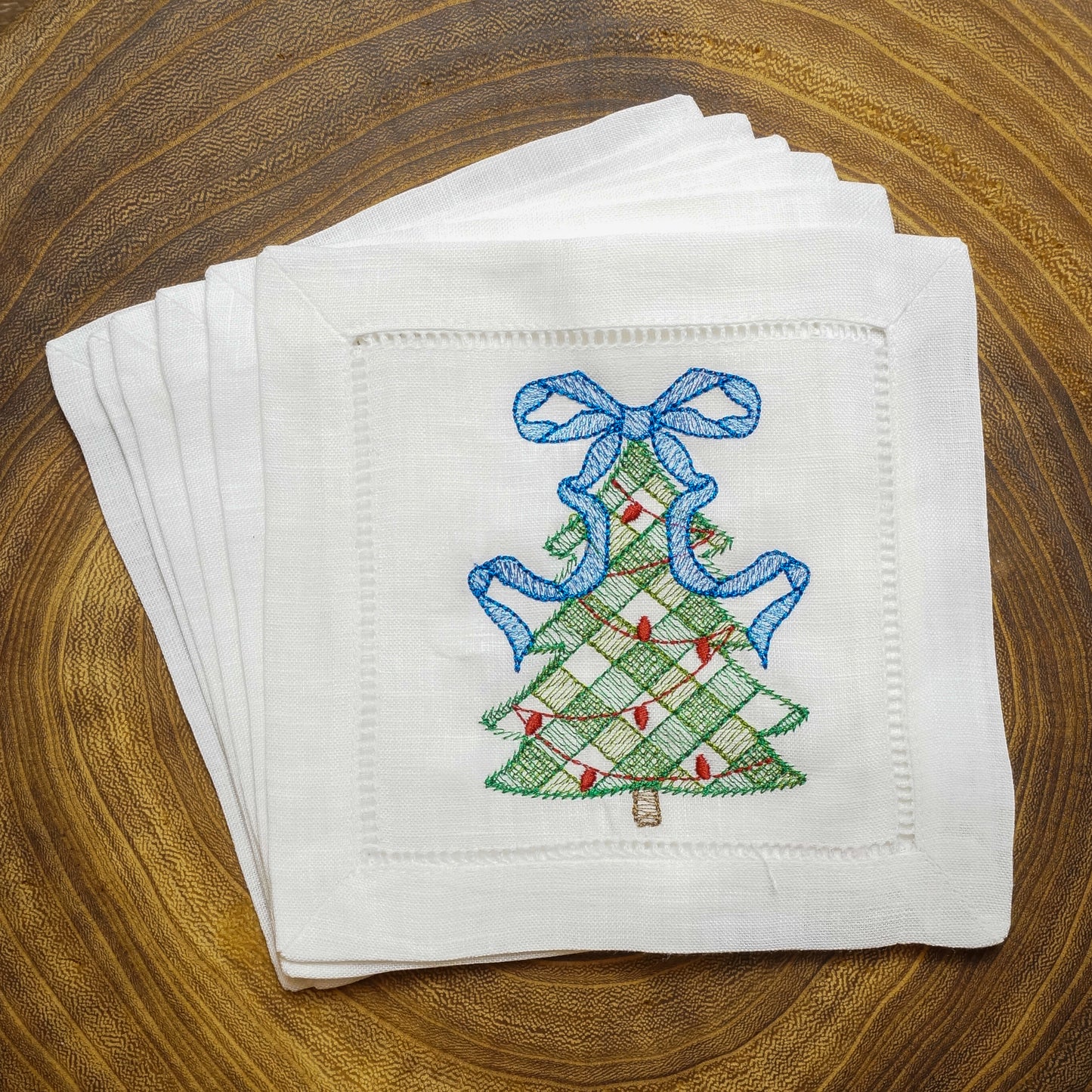 Embroidered Cocktail Napkins with Cute Christmas Tree