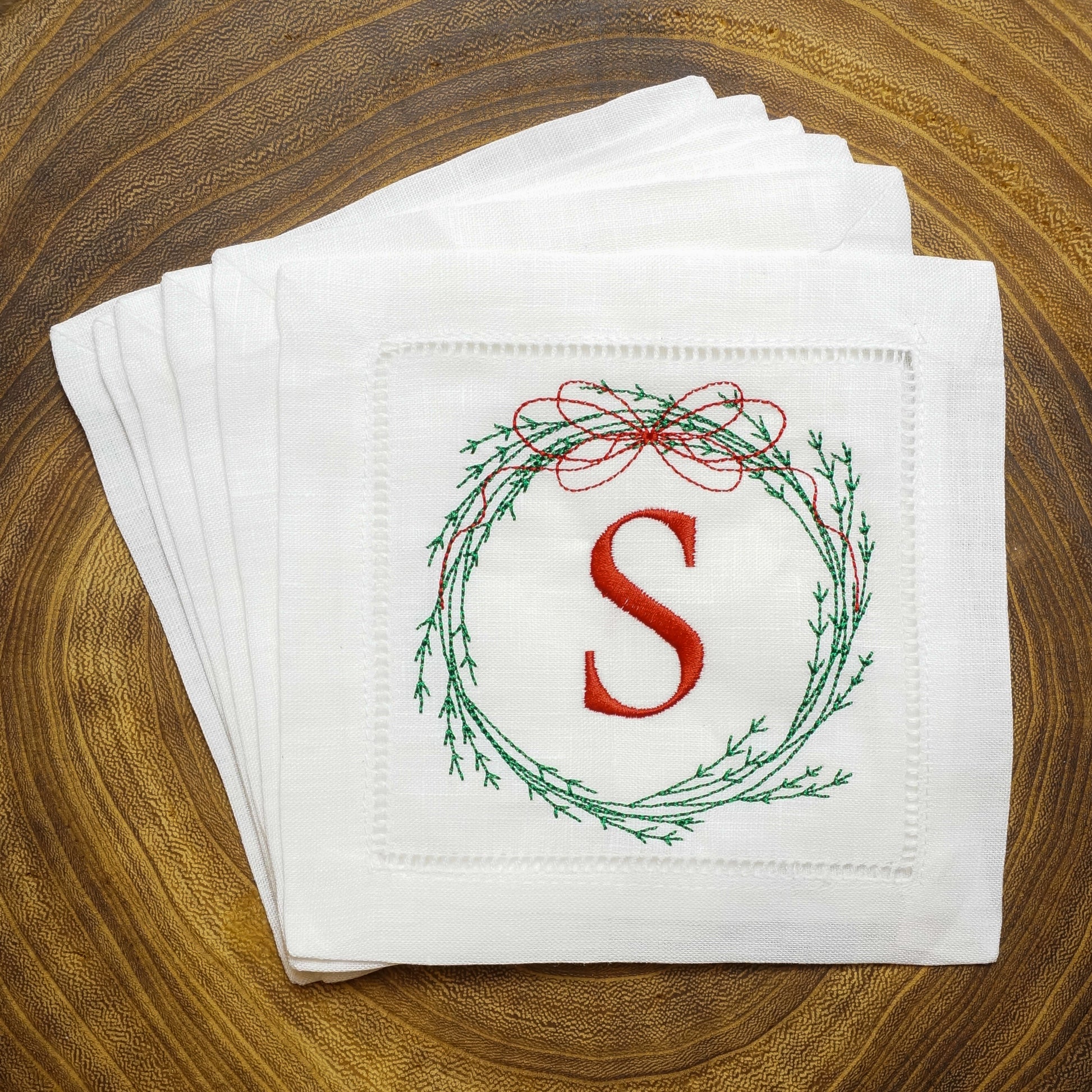 Christmas Embroidered Linen Cocktail Napkins with Custom Wreath Monogram | Christmas Gift and Holiday Decor