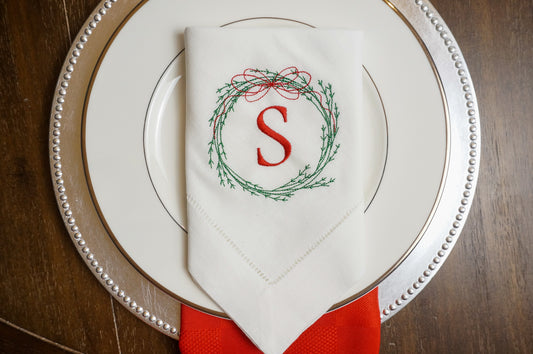 Christmas Embroidered Linen Dinner Napkins with Custom Wreath Monogram | Christmas Gift and Holiday Decor