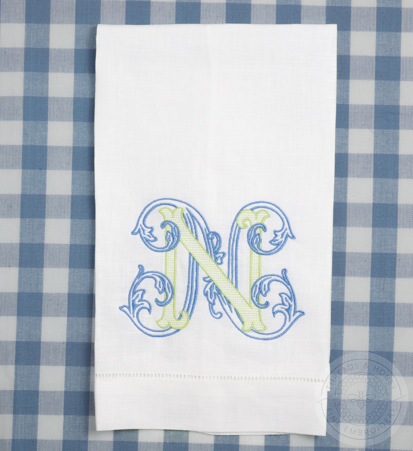 Embroidered Fingertip Towel with Linen or Cotton Vine Single Letter Monogram Newlywed Gift