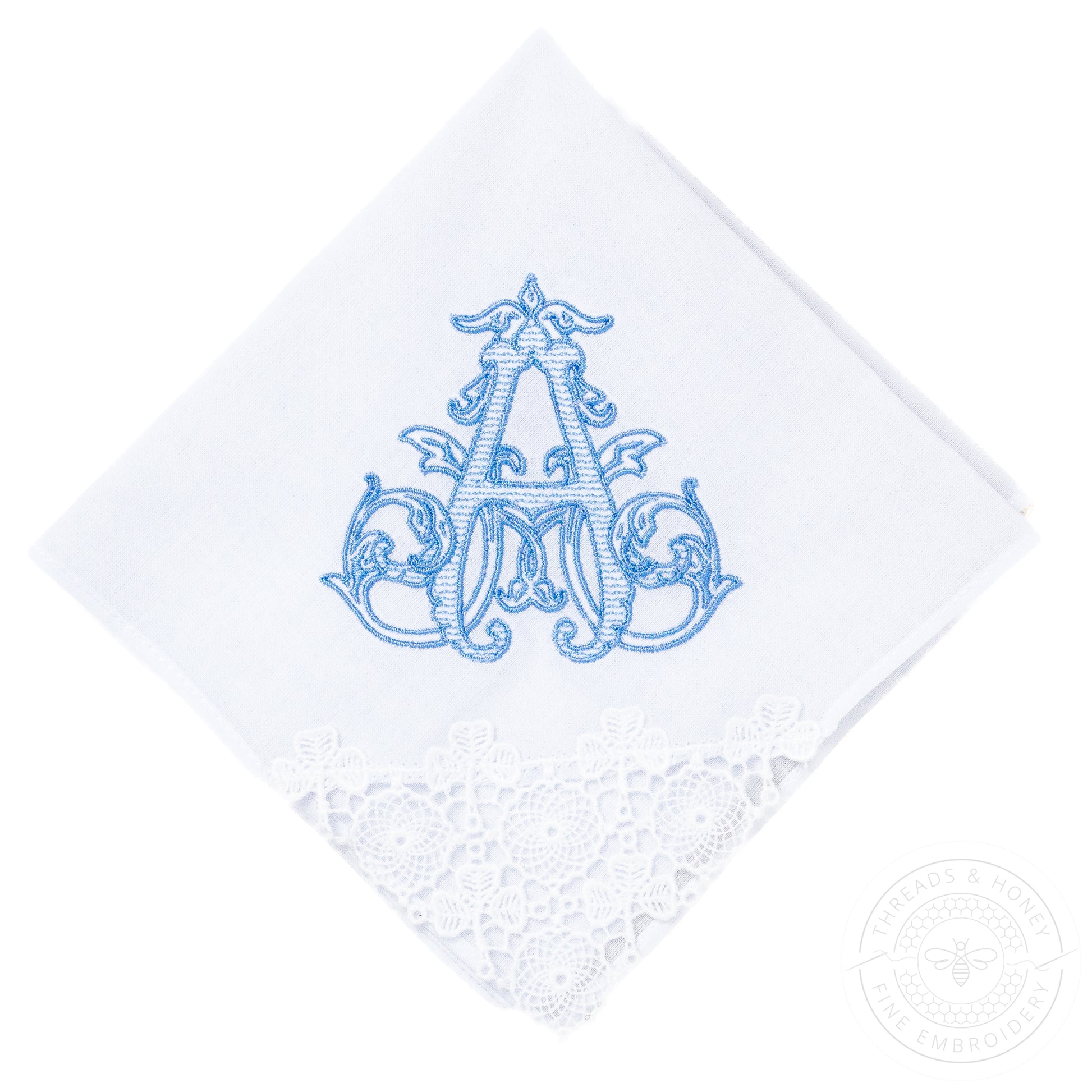 Ladies Embroidered Handkerchief with Single Initial Monogram Vine Style