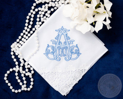 Ladies Embroidered Handkerchief with Single Initial Monogram Vine Style