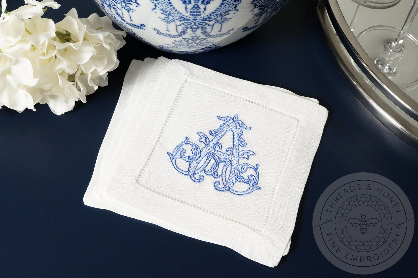 Embroidered Cocktail Napkins with Single Initial Vine Monogram