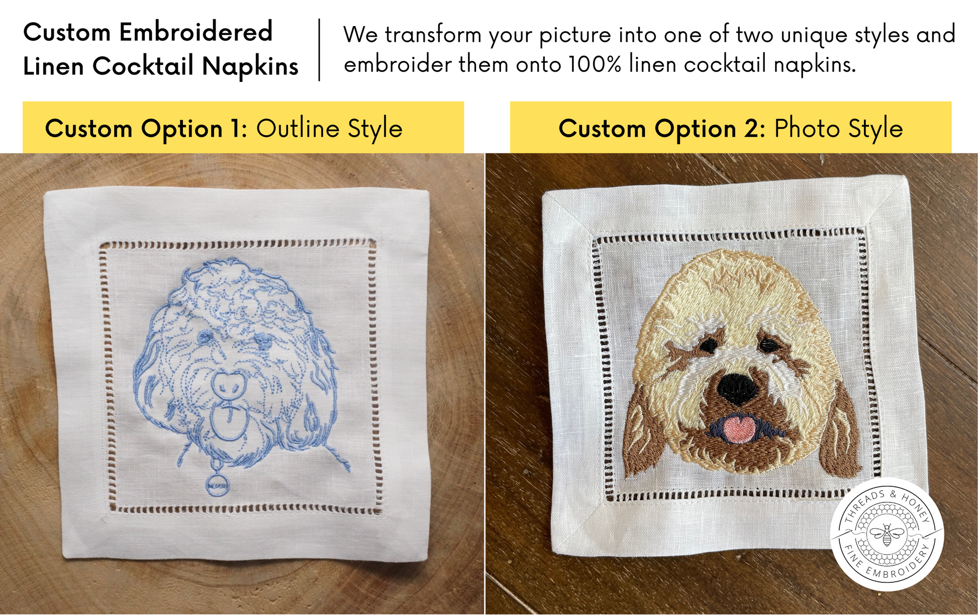 Custom Embroidered Dog Cocktail Napkins for Corgi, Golden Retriever, French Bulldog, Lab & More